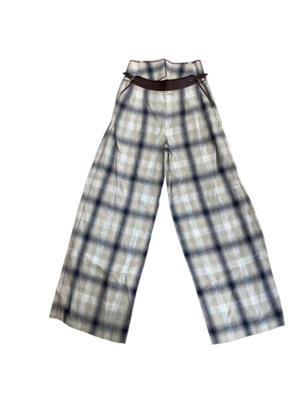 Hermes Wide Pants High Waist Check Linen Brown Casual